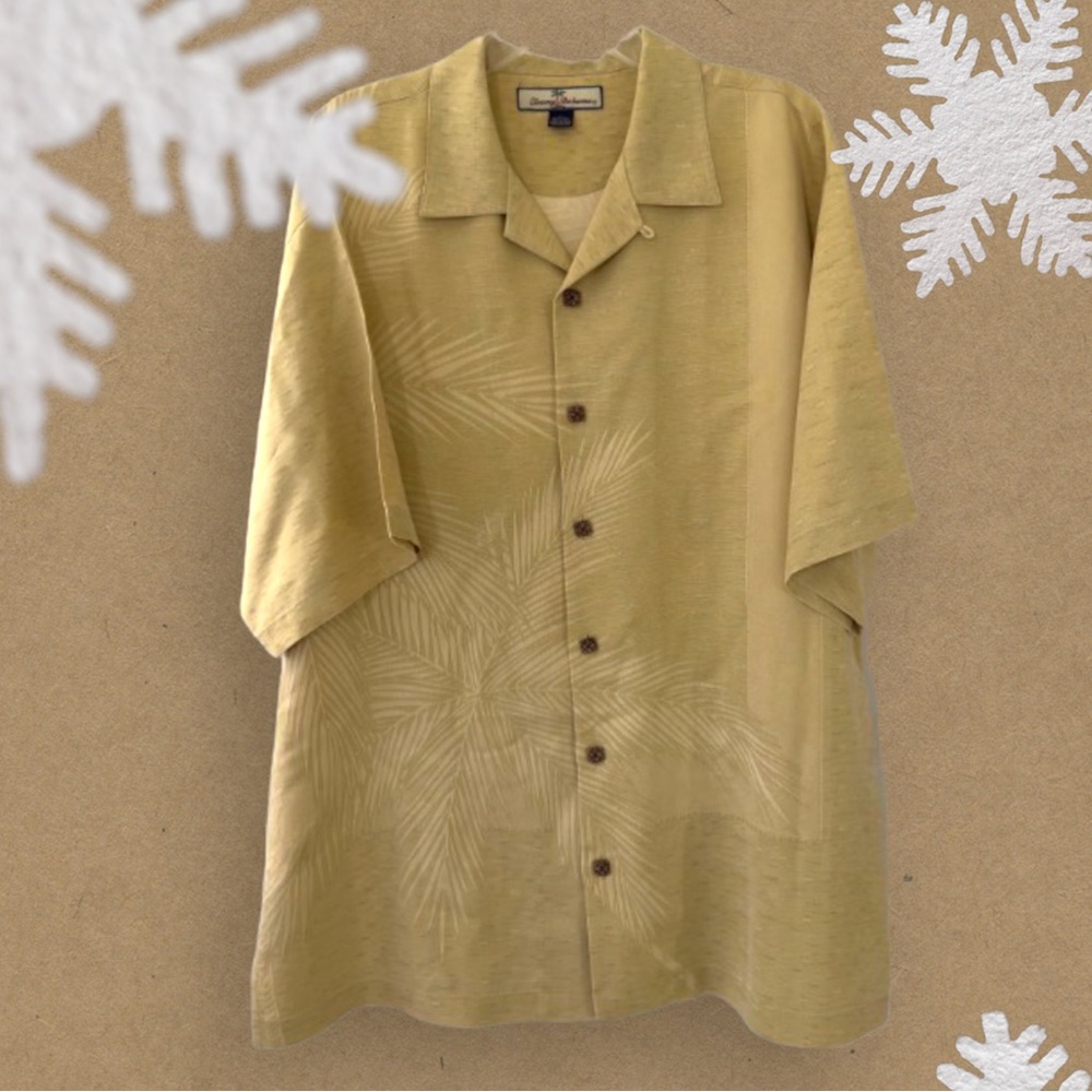 Tommy Bahama Light Olive Green Shirt 100% Silk Size L Palm Trees Leaves Design